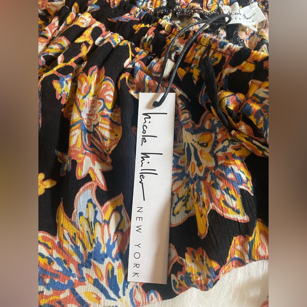 NWT Nicole Miller Pants Womens S Black Multi Floral Wide Leg Elastic Waist - Picture 6 of 9